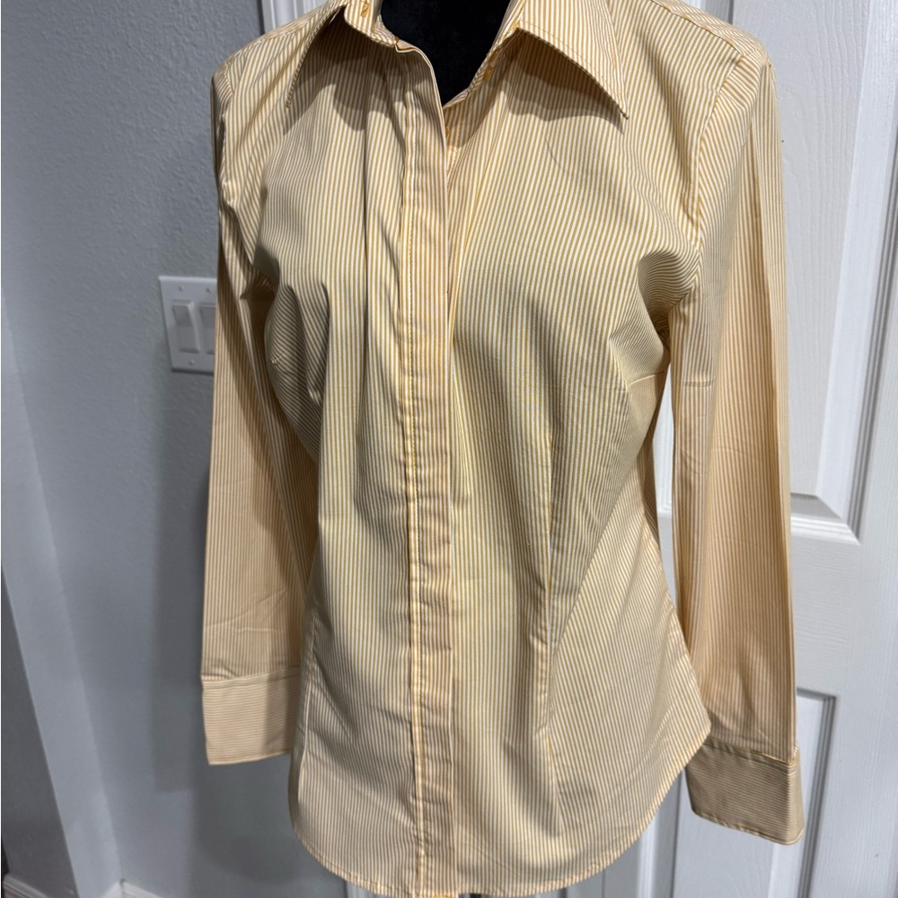 New York & Company Gold & White Striped Button Down Shirt